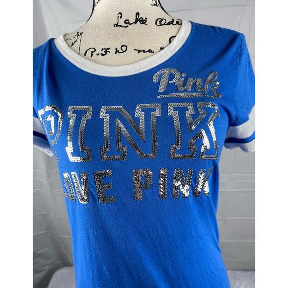 Victory Secret Pink‎ Shirt Women’s Short Sleeve Glitter Blue Jersey Y2K - Picture 3 of 12